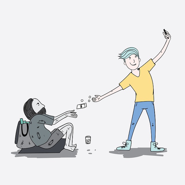 Dessin qui représente un homme se prendre en selfie en donnant de l'argent à un pauvre